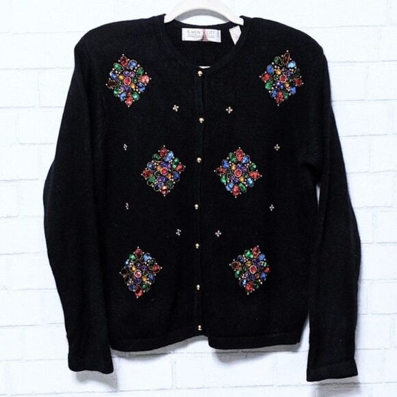 Vintage KAREN SCOTT Angora Wool Jeweled Cardigan M - Picture 1 of 8